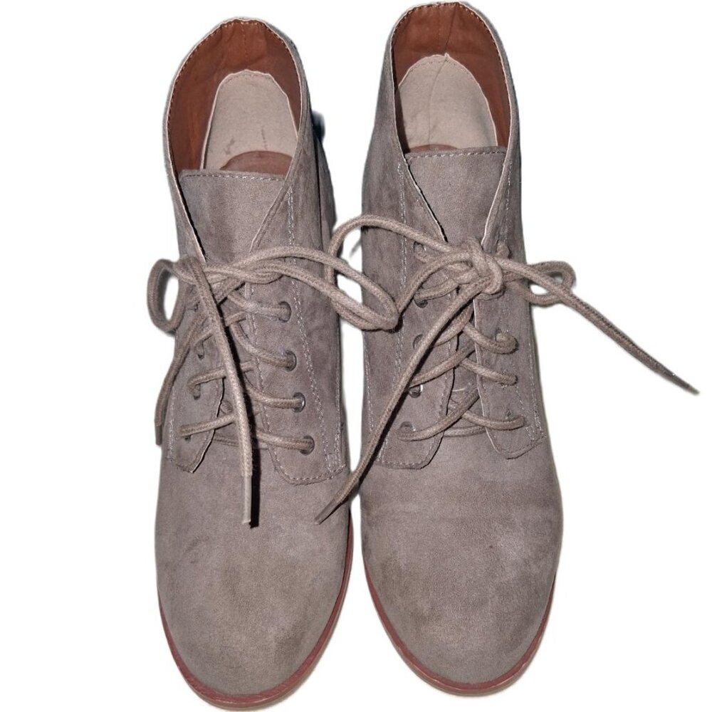 Qupid Grayish Taupe  Lace-Up Heeled Boots - Picture 3 of 7
